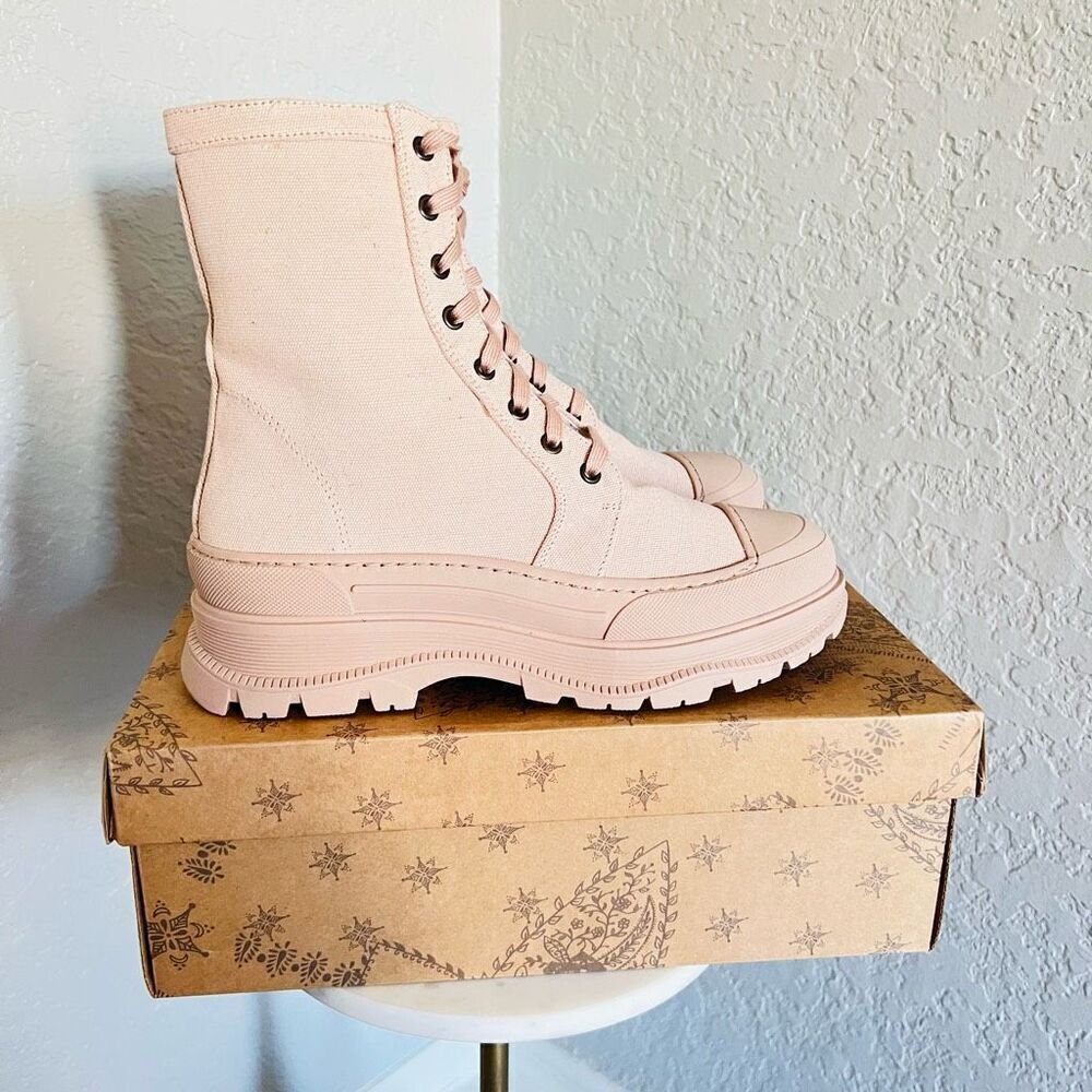 FREE PEOPLE Camp Out Canvas‎ Combat Boot, Natural, Tan/Pink, Size 8, NWT - Picture 3 of 16